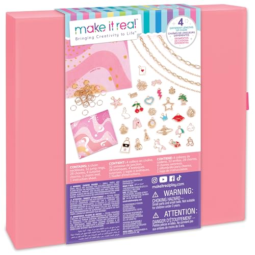 Make It Real: Handful of Charm - 70 pc DIY Jewelry Set, 4 Chain Lengths, Design & Create, Charm Necklace & Bracelet Craft Kit, Girls & Kids Age 8+