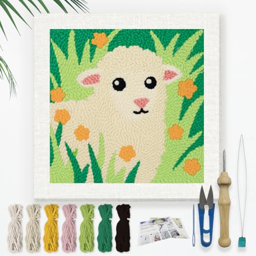 DOODLREAM Lamb Grass DIY Punch Needle Embroidery Kit for Adult Beginner, 9.4" Sheep Flowers Animal Punch Stitching Craft Set for Starter with Frame, Fabric Pattern, Threader, Yarn, Pinch Needle - color: Lamb