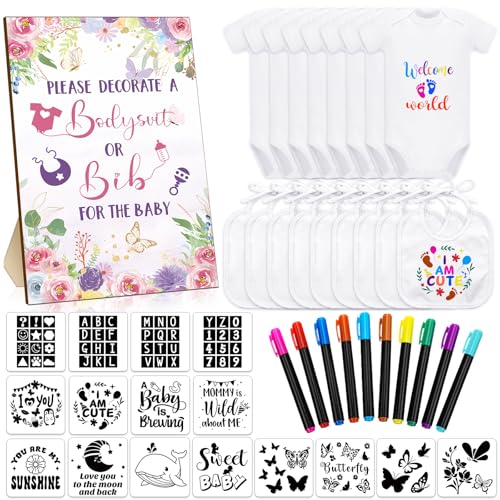 Chuarry 43 Pcs DIY Bibs Decorating Kit 8 Bodysuits 8 Pcs 2 Ply White Bibs 10 Fabric Markers 16 Stencils Baby Shower Sign(Flower) - style: Flower
