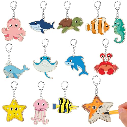 Trnayi 36 Pcs Sea Life Unfinished Wood Keychain Color Your Own DIY Craft - style: Sea Life