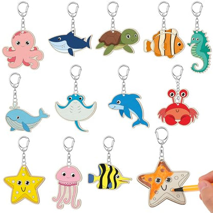 Trnayi 36 Pcs Sea Life Unfinished Wood Keychain Color Your Own DIY Craft - style: Sea Life