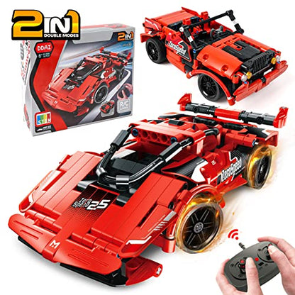 GAMZOO RC Toy Best Birthday Gifts for Age 6 7 8 9 10 11 12 Years Old Kids Boys Girls 2 in 1 Remote Control Racing Car Building Blocks 351 Pcs DIY Building Kits Engineering Construction Toy - color: Red