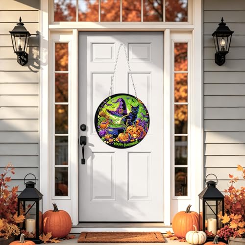 NAIMOER Halloween Diamond Art Hanging Kits for Adults, Black Cat 5D Special Shaped Rhinestone, DIY Acrylic Diamond Art Painting Window Pendants Home Garden Wall Hanging Ornament Kits, Double Sided - color: Halloween Black Cat