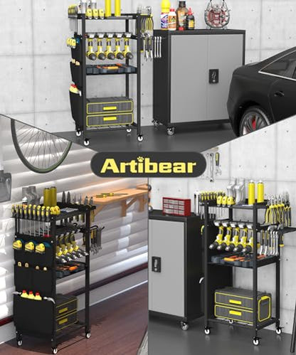 4-Tier Rolling Power Tool Organizer Storage Cart, Garage Organization on Wheels Tool Cart with Drill Set Rack Shelf, Mechanic Utility Cart for Workbench & Outdoors Working, Gift for Men Dad