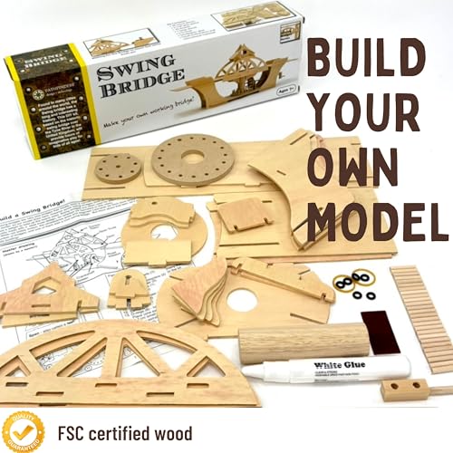 PATHFINDERS Swing Bridge STEM Kit – Wooden Mechanical Bridge Model to Build – DIY Engineering Kit for Kids & Adults – Hand-Powered Gear Mechanism – Educational Science & Engineering Toy