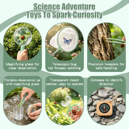 Wooden Bug Catcher Kit for Kids 3+, Bug Catching & Outdoor Explorer Kit | Wooden Insect Cage, Safe, Extendable Butterfly Net, Carry Bag, Catch & Release Adventure Set for Backyard & Camping