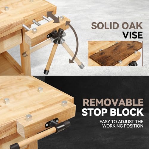 Auto Dynasty 60" Wood Workbench, Heavy Duty w/Adjustable Handle, Workshop - size: 2 Drawers (59.8'' x 24.4'' x 32.28'')