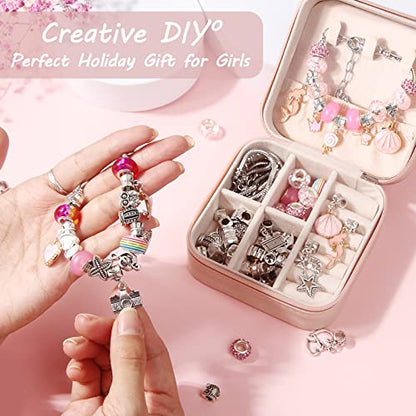 UFU Charm Bracelet Making Kit, Jewelry Making Kit Craft Gift for Girls 5 6 7 8-12, A Sweet Birthday Gift to Inspire Imagination & Creativity, with Portable Jewelry Box - color: B-Pink