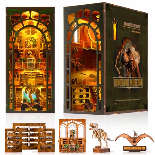 Book Nook Kit - DIY Booknook with LED Lights - 3D Wooden Puzzle for Adults - Bookshelf Insert Decor - Educational Gift for Family & Friends（Dinosaur Museum） - color: Colorful