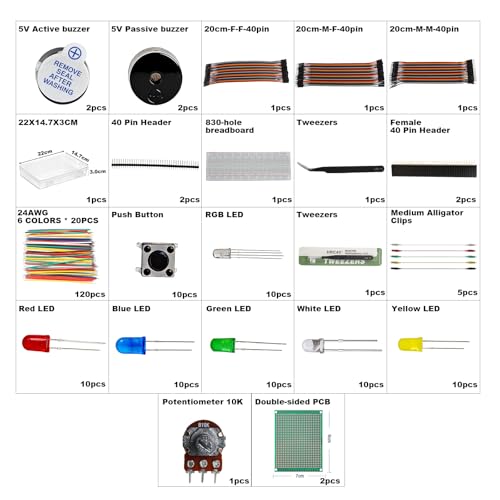 329Pcs Electronics Component Fun Kit - Jumper Wire - Precision Potentiometer - LED - Pin Headers - Alligator Clips -Tweezers 830 tie-Points Breadboard Compatible with STM32 Raspberry Pi Arduino