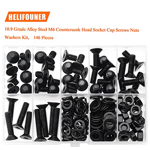 HELIFOUNER 146 Pieces M6 x 8mm /10mm /12mm /16mm /20mm /25mm /30mm, Countersunk Head Socket Cap Screws Bolts Washers Nuts Kit, 10.9 Grade Alloy Steel, Full Threaded, Black - size: M6, style: Countersunk Head