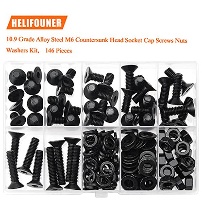HELIFOUNER 146 Pieces M6 x 8mm /10mm /12mm /16mm /20mm /25mm /30mm, Countersunk Head Socket Cap Screws Bolts Washers Nuts Kit, 10.9 Grade Alloy Steel, Full Threaded, Black - size: M6, style: Countersunk Head