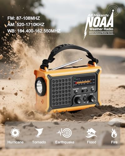 Emergency Weather Radio with Large Solar Panel, Efficient Hand Crank - color: Yellow