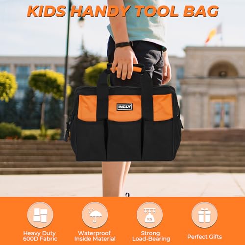 INCLY 24 PCS Kids Real Tool Set with Tool Bag, Small Real Hand Tools Kit - color: Orange