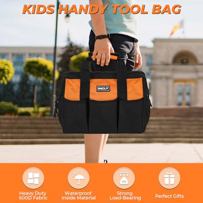 INCLY 24 PCS Kids Real Tool Set with Tool Bag, Small Real Hand Tools Kit - color: Orange