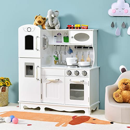 Costzon Kids Kitchen Playset, Wooden Toddlers Toy Kitchen with Light & Sound, Microwave, Ice Maker, Oven, Sink & Faucet, Cooking Accessories, Pretend Play Kitchen, Gift for Boys Girls Age 3+ - color: White