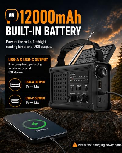 Emergency Radio, 12000mAh Solar Hand Crank NOAA Weather Radio, Black - color: Upgraded Black