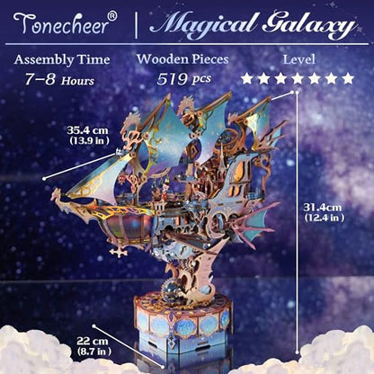 Tonecheer 3D Wooden Puzzle Airship Model Kit, DIY Transmission Model Fantasy Ship Spaceship with Music, Movable Building Kit Starlight Craft Mechanical Decor Idea Gift for Adults - Magical Galaxy - style: Magical Galaxy