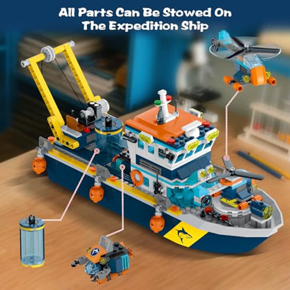 HiWEEGO City Floatable Boat Building Set with LED Light - Ocean Arctic Explorer Ship Building Block Kit with Helicopter, Sub Exploration Toy Adventure Set Birthday Gift for Kids Boys Girls 6 7 8 9 10+