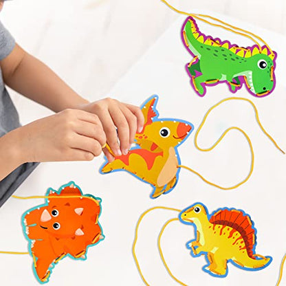 Pajean 10 Pcs Kids Lacing Cards Double Sided Animal Sewing Cards Kits 10 Styles Lacing Toy Crafts for Toddler Ages 6+ Developing Imagination Preschool Learning Activity Supplies(Dinosaur Style) - style: Dinosaur Style