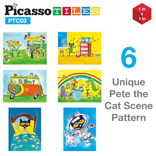 PicassoTiles Magnetic Tiles Pete the Cat Magnet Puzzle Cube Set 6 Cartoon Theme Mix and Match Brain Teaser STEM Educational Toy for Kids Toddlers Preschool Age 3 Plus Sensory Learning Play Kit PTC03 - style: Pete the Cat Mix and Match