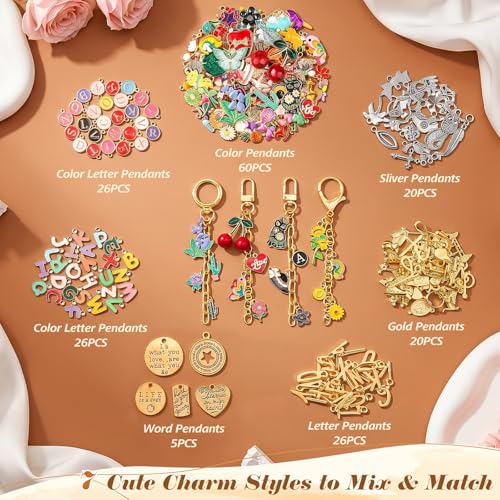 Ecoofor 613 PCS Charms Lip Gloss Keychain Making Kit, Bag Charm Kit with 178 Charms, 25 Keychain Clips & Extender Chains, Jewelry Pliers, Gift Bags & DIY Keychain Craft Supplies - color: Gold - 613 Pcs Kit