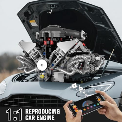 HIGH GODO V8 Engine Building Kit that Works, Build Your Own MOC V8 Engine Model with App Control, Visible Car Engine Model Kit with Motor and Lights, Ideas Gifts for Teens Adults 14+(689 PCS) - style: V8 Engine-E
