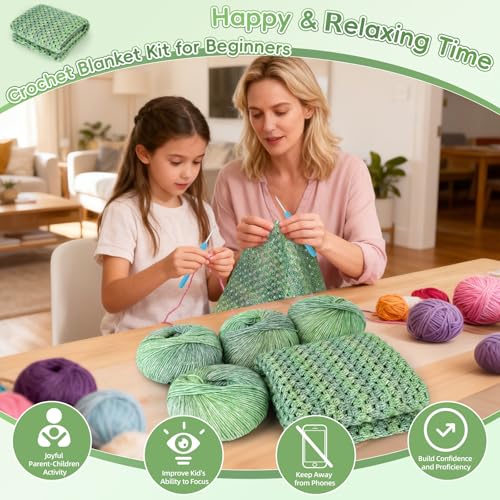 Aeelike Crochet Blanket Kit for Beginners, Easy Crochet Kit, Green Gradient - color: Moss Green Gradient
