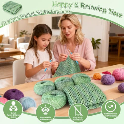 Aeelike Crochet Blanket Kit for Beginners, Easy Crochet Kit, Green Gradient - color: Moss Green Gradient