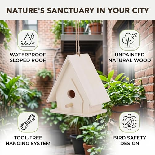 Unfinished Wooden Bird House Set Hanging DIY Paintable Decor 4 Pcs