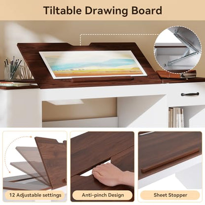 Verano Garden 55.1" Drafting Table, Craft Art Table, Computer Desk, White - color: White