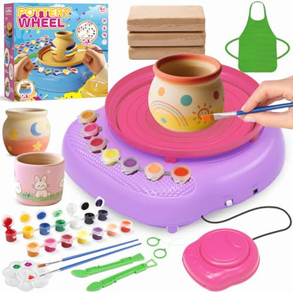 Pottery Wheel for Kids with Air Dry Clay Kit, 12 Paints & Tools, Ages 6-12 - color: pink/purple