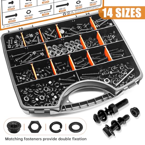mankk 700PCS M6 Flange Bolt and M6 Button Head Hex Socket Cap Screws Assortment Kit M6×1.0 (10mm to 35mm) Metric Grade 10.9 Alloy Steel Class Hex Bolts and Nuts Washers Kit - size: 700PCS M6, style: Flange & Button & Hex Socket Cap