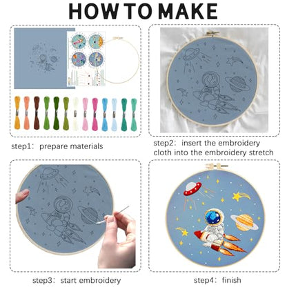 INFUNLY 4 Sets Astronaut Embroidery Kits for Beginners Space Cross Stitch Sets with Instructions Rockets Embroidery Starter Kits for Adults DIY Embroidery Needlepoint Kits Handmade Sewing Craft Sets - style: Space