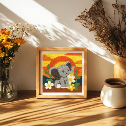 DOODLREAM Cartoon Elephant DIY Punch Needle Embroidery Kit for Adult Beginner, 9.4" Sunset Glow Animal Punch Stitching Craft Set for Starter with Frame,Fabric Pattern,Threader, Yarn, Pinch Needle - color: Elephant