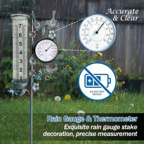 Rain Gauge Best Rated with Thermometer, Freeze Proof & Weatherproof - color: Bird & Flowe (Blue)