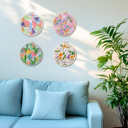 BEUNITONE 4 Set Covered Flower Embroidery Kit for Beginners 7.9"x7.9" - style: B-Grassland Plants