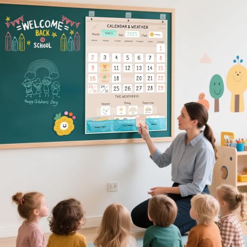 Classroom Boho Calendar & Weather Pocket Chart with 111 Cards, Circle Time Learning Center for Kids and Toddler, Preschool Must Haves! - color: bright Boho