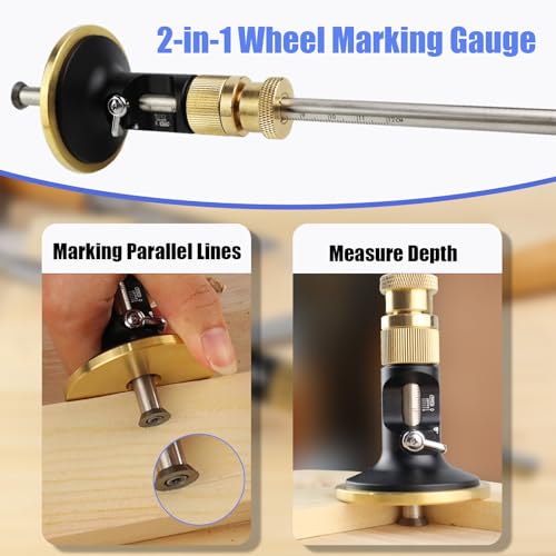 Wheel Marking Gauge, Dovetail Jig Brass Wood Scribe Tool Kit, 2 in 1 Marking Gauge Woodworking, Woodworking Scribe Tool, Scribing Tools for Wood, Dovetail Guide, 2 Extra Cutters & Bolts