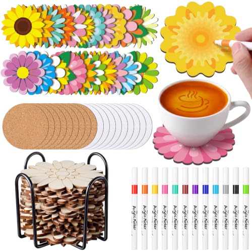 Patelai 61 Pcs Flower Wooden Coasters Painting Kit for Adult, DIY Craft - style: Floral