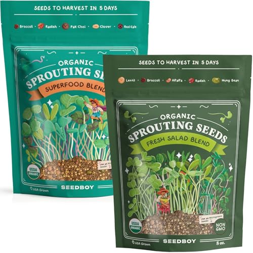 Seedboy Organic Sprouting Seeds 2 Pack Bundle - Salad Blend and Superfood Blend, 48 Servings (16oz)