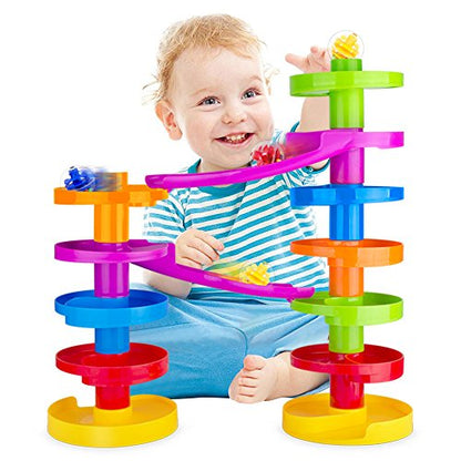 WEofferwhatYOUwant Advanced Ball Drop Toy – 16-Piece STEM Playset for Toddlers with 2 Purple Bridges & 8 Spiral Ramps | Creative Building Fun | Safe 9M+ | Interactive Family Play | Durable, Stackable