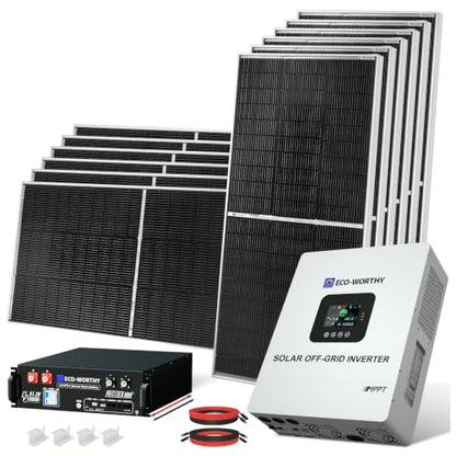 ECO-WORTHY 5KW Off Grid Solar System Complete Kit 12PCS 195W Mono Solar Panel (2340W) +1 * 48V 5KW Off-Grid Inverter + 1 * 51.2V 100Ah Server Rack Whole House Storage LiFePO4 Lithium Battery - size: PRO 5kWh+5kW Output