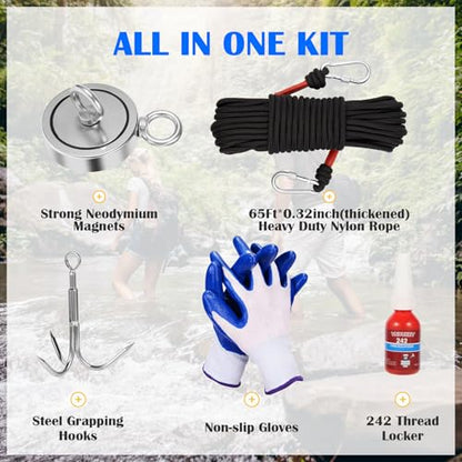 VNDUEEY 1725LBS Magnet Fishing Kit, 3.7" Double Hole Fishing Magnet Kit with Rope, Strong Magnets for Retrieving in River Lake Beach and Lawn, Includes 65Ft Rope, Carabiner, Gloves, Grappling Hook - size: 3.7" 1725LBS, style: Double Hole Kit