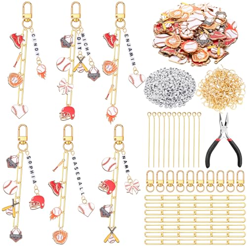 CraftyDream 558 Pcs Baseball Charms for Keychains Making Kit Baseball Charms DIY Key Chain Kit Accessories Adjustable Letter Bead Alphabet Jewelry Backpack Accessories Party Favor for Coworkers Player - style: Baseball