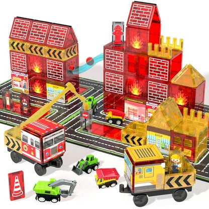Magnetic Tiles Fire Truck Set,Magnet Blocks for Kids Ages 4-8 Boy STEM Toys - style: 56PCS Fire Station Magnetic Tiles