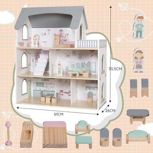Wooden Dream Playhouse for Girls with Balcony,Doll House for Kids with Furniture,DIY Pretend Play House Toy, Children Dollhouses Toys with 12 PCS Accessories,Birthday Gifts for Boys Girls Ages 3+