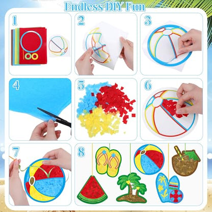 Aneco 24 Sets DIY Summer Suncatchers Craft Kit, Tissue Paper Sign Art Crafts, Hawaiian Hanging Window Ornaments Decor for Tropical Beach Party Holiday Home Activities - style: Summer