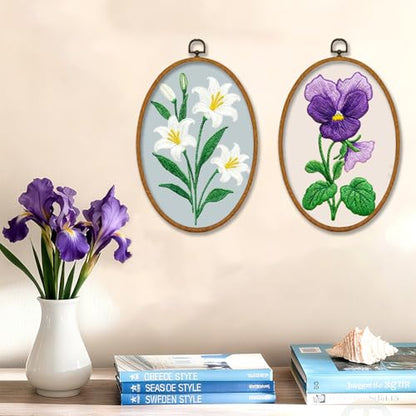 INFUNLY 6 Pack Elliptical Shape Embroidery Starter Kit for Beginners Flowers DIY Embroidery Kits for Adults Sunflower Rose Stamped Needlepoint Set with Step-by-Step Instructions Craft Lover Gift - style: Elliptical