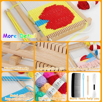 Wooden Weaving Loom Kit for Kids,Arts and Crafts Mini Weaving Loom with 13 roll Colorful Yarns,11.4" x 7.5" Hand-Knitting Frame Looms for Easy Weaving,Weaving Loom and Yarns for Beginners and Adults